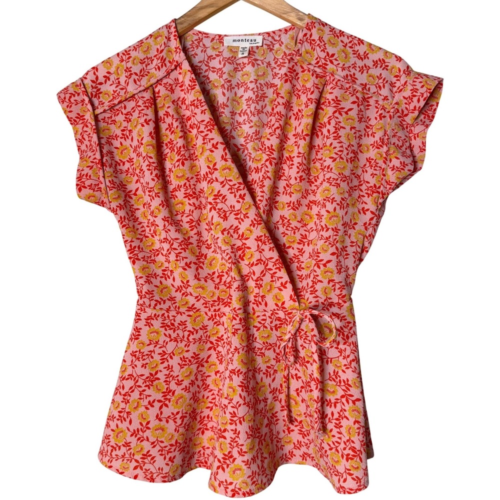 Monteau Los Angeles Pink Orange Floral Wrap Peplum Blouse Cap Sleeve Small 29105